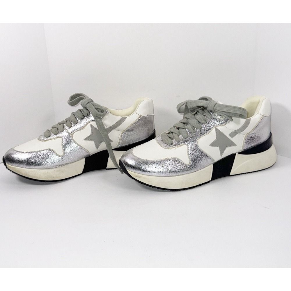 Shu Shop Patricia‎ Sneaker Metallic Silver Star Black Sporty Preppy Size 6.5